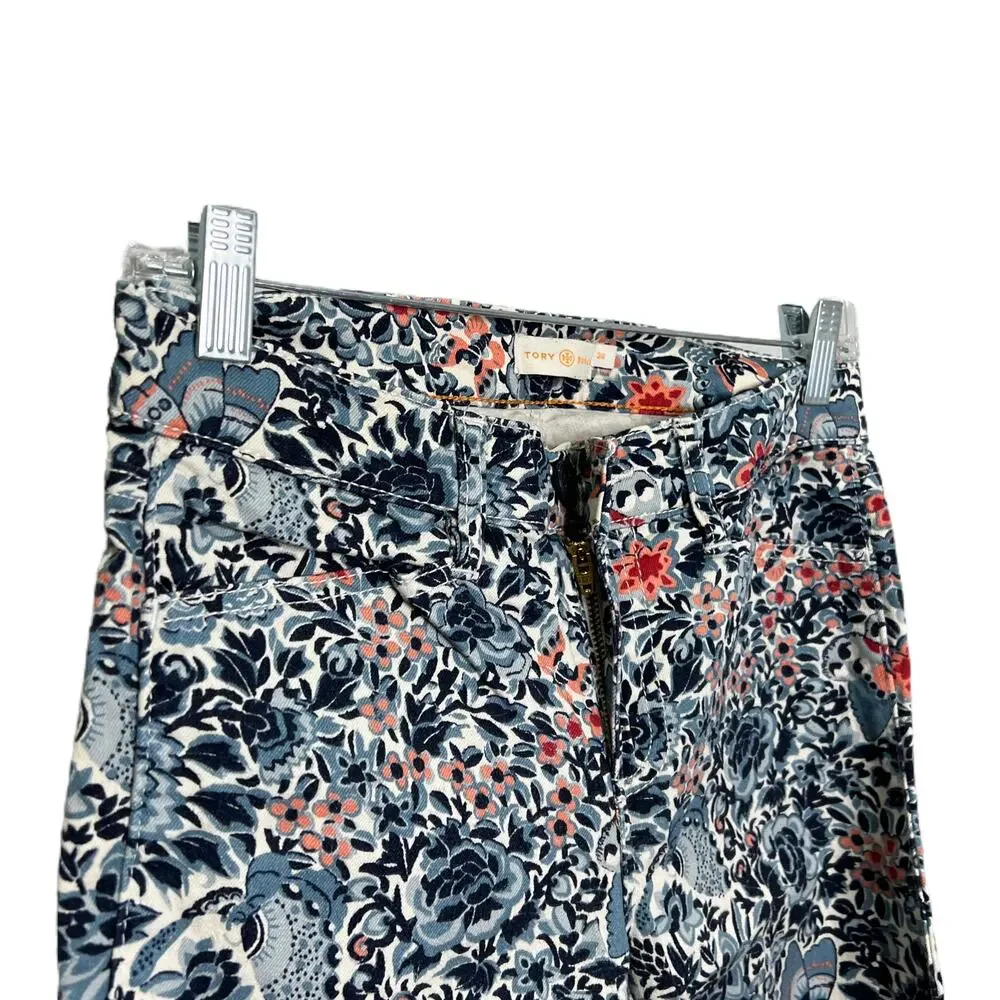 Tory Burch Womens‎ Sz 26 Emmy Blue Pink Floral Cropped Ankle Pants Cotton